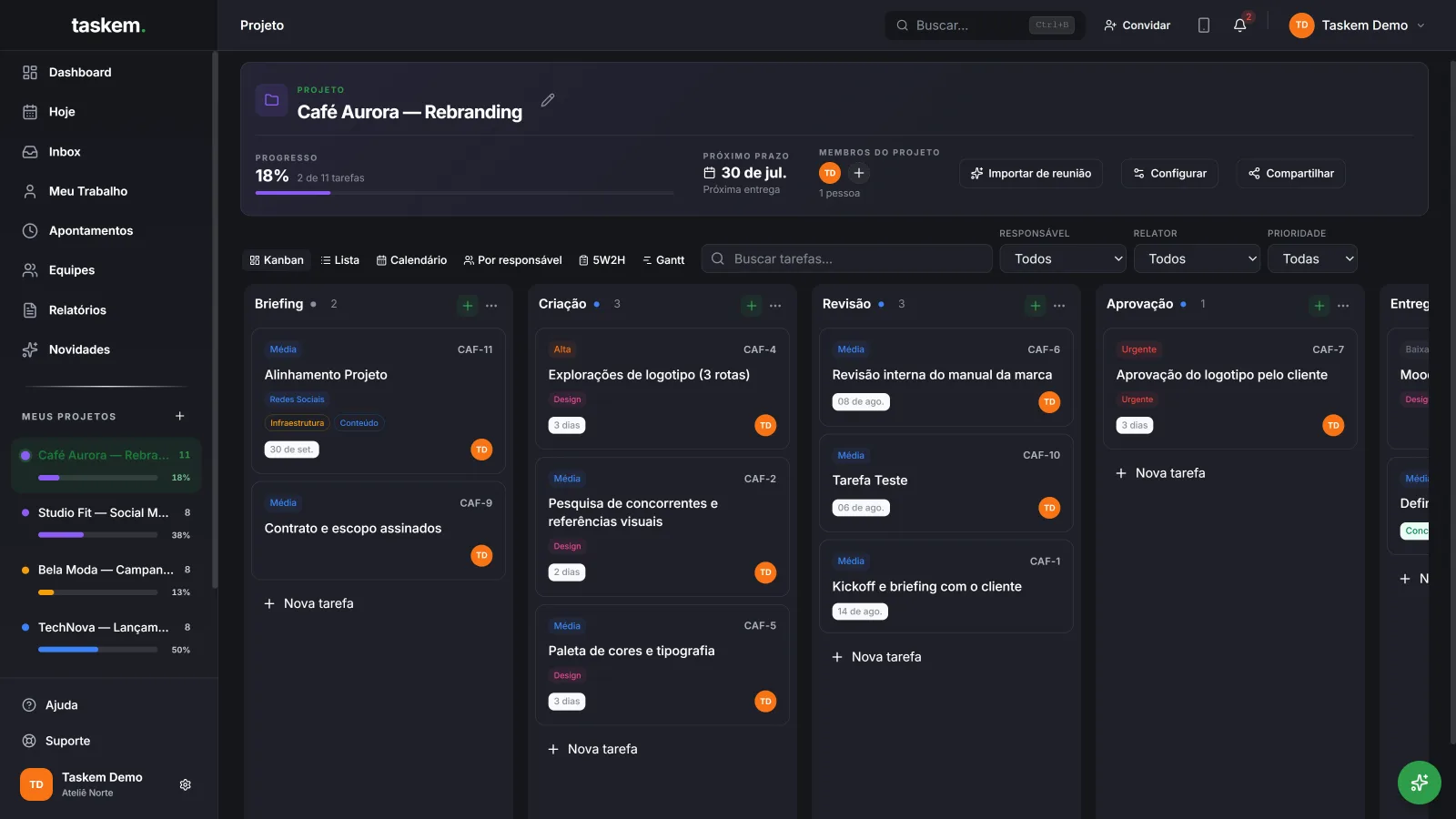 Tela do Taskem com o quadro Kanban de um projeto